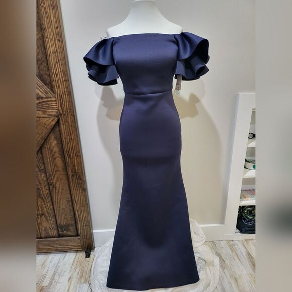 ELIZA J Women's Ruffled Sleeve Off-The-Shoulder Mermaid Gown NWT sz 2 Navy Blue - Picture 3 of 5